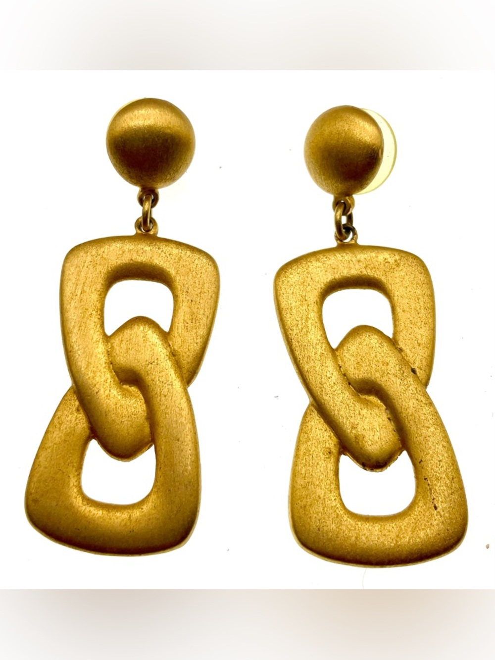 Vintage Gold Tone Link Drop Earrings Matte Brushed Modernist Statement Pierced